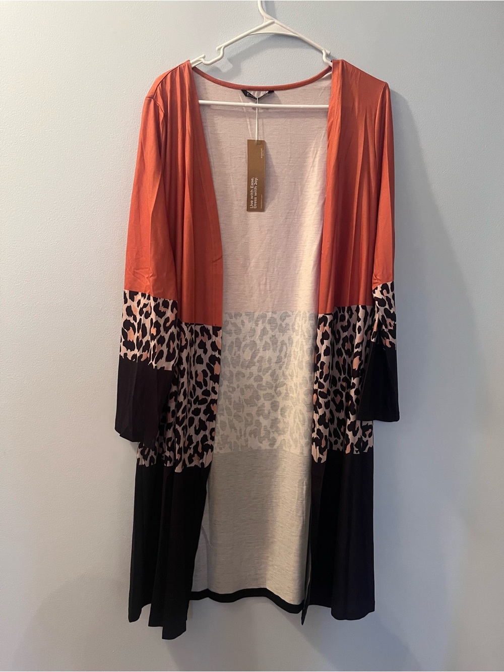 BloomChic Orange and Black Leopard-Accent Open Cardigan